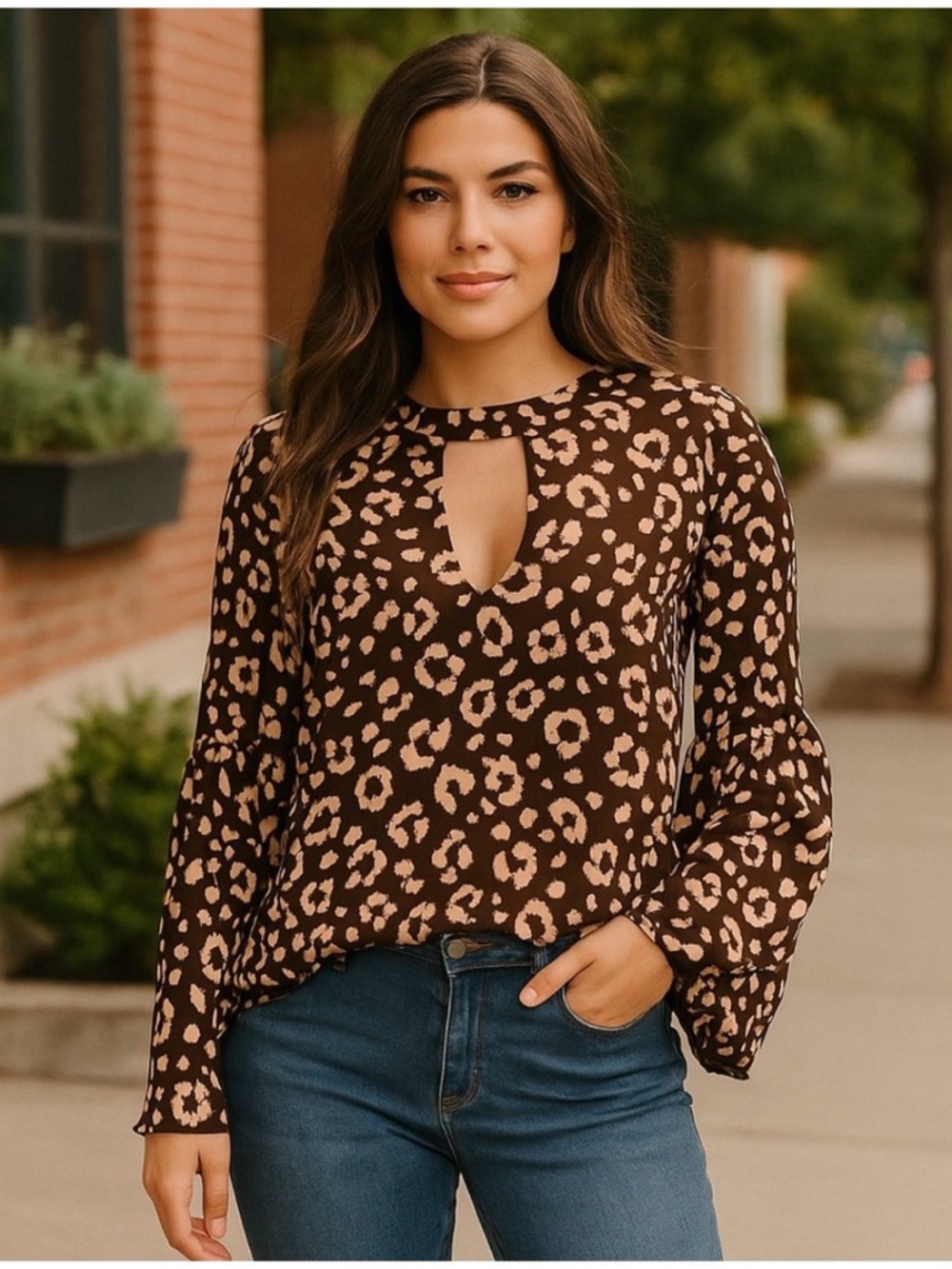 Buddy Love Boho Brown Tan Cheetah Animal Print Belle Sleeve Keyhole Blouse Top M